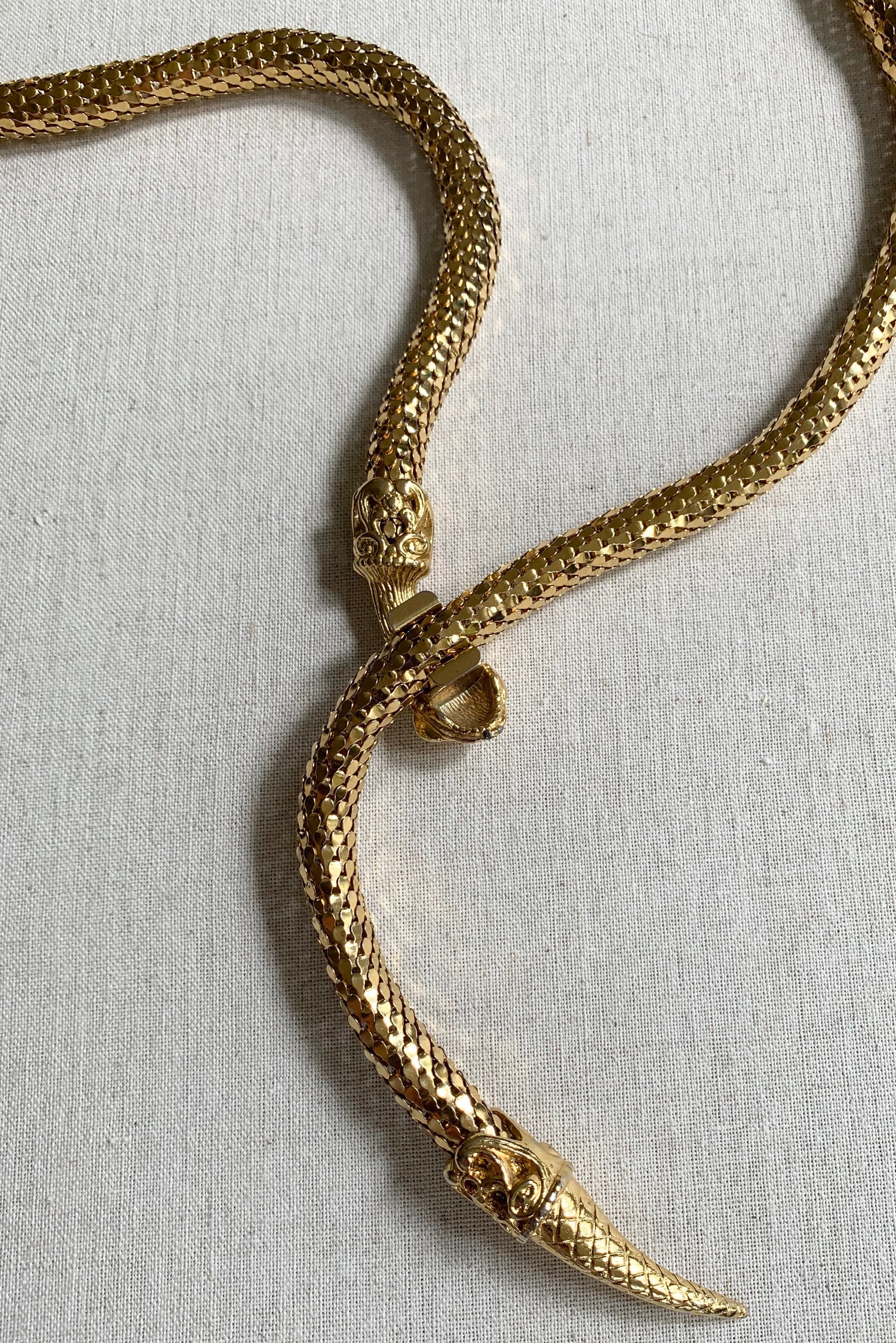 Gold Mesh Snake Belt Vintage 70s 80s Glam Snake Head Clasp Gold Tone