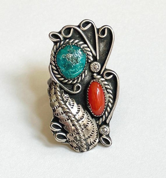 Long Navajo Turquoise Ring Old Pawn Vintage 60s 70s Native American Sterling Silver Red Coral Decorative Leaf Feather Scroll Size 8.75 9