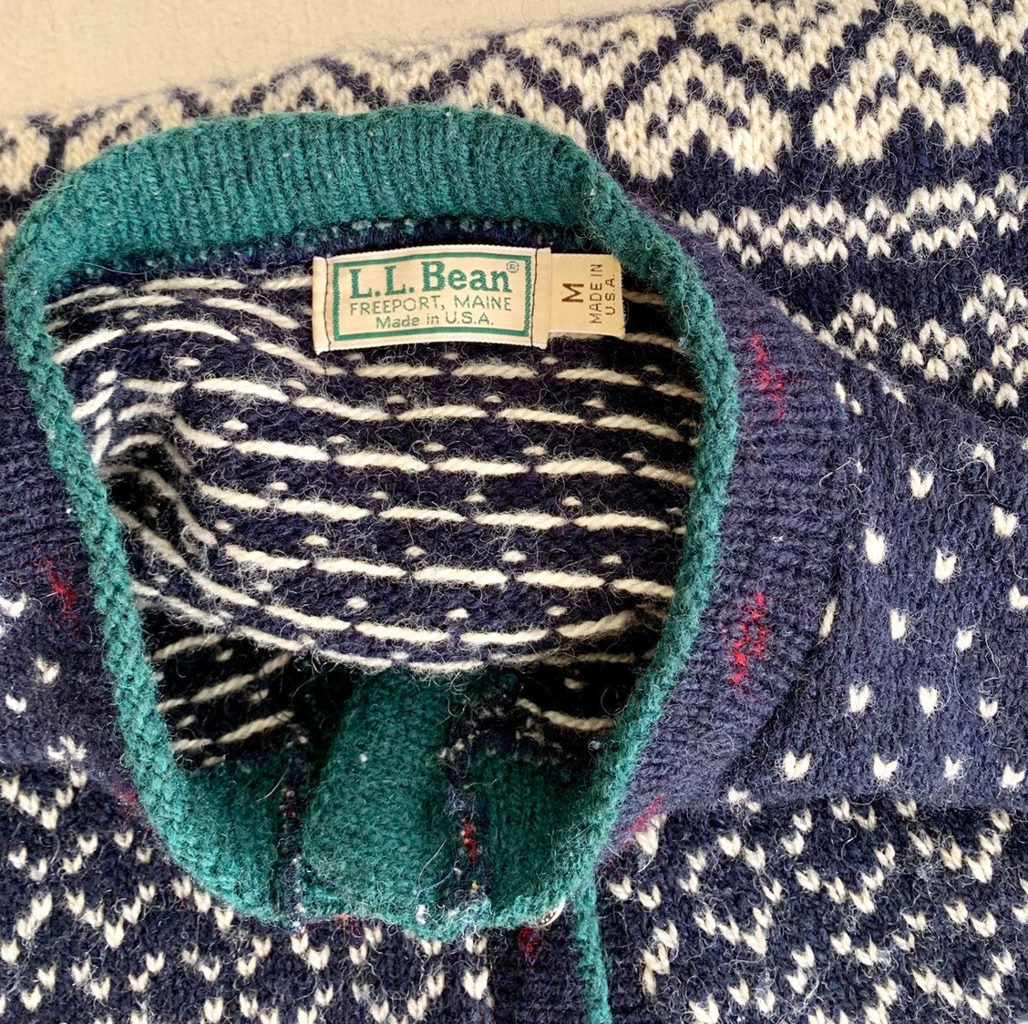 LLBean Fair Isle Sweater Nordic Style Made in USA Vintage Wool Blue