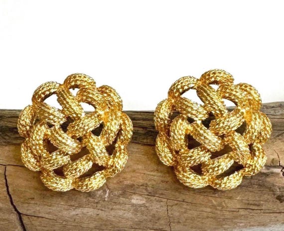 Vintage 80s Gold Earring Chunky Circular Round Basketweave Stud Earrings Costume Jewelry