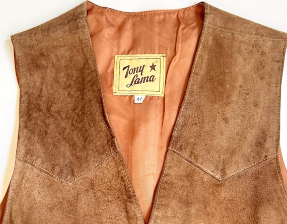 Tony Lama Suede Vest Vintage 70s Brown Sueded Leather Western Cowboy Rockabilly Style Mens Womens Unisex Worn Rugged Distressed