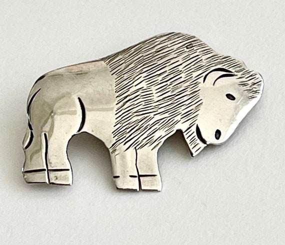 Navajo Sterling Buffalo Pin Brooch Signed Platero Native American Jewelry Etched Sterling Silver Bison Animal Symbol