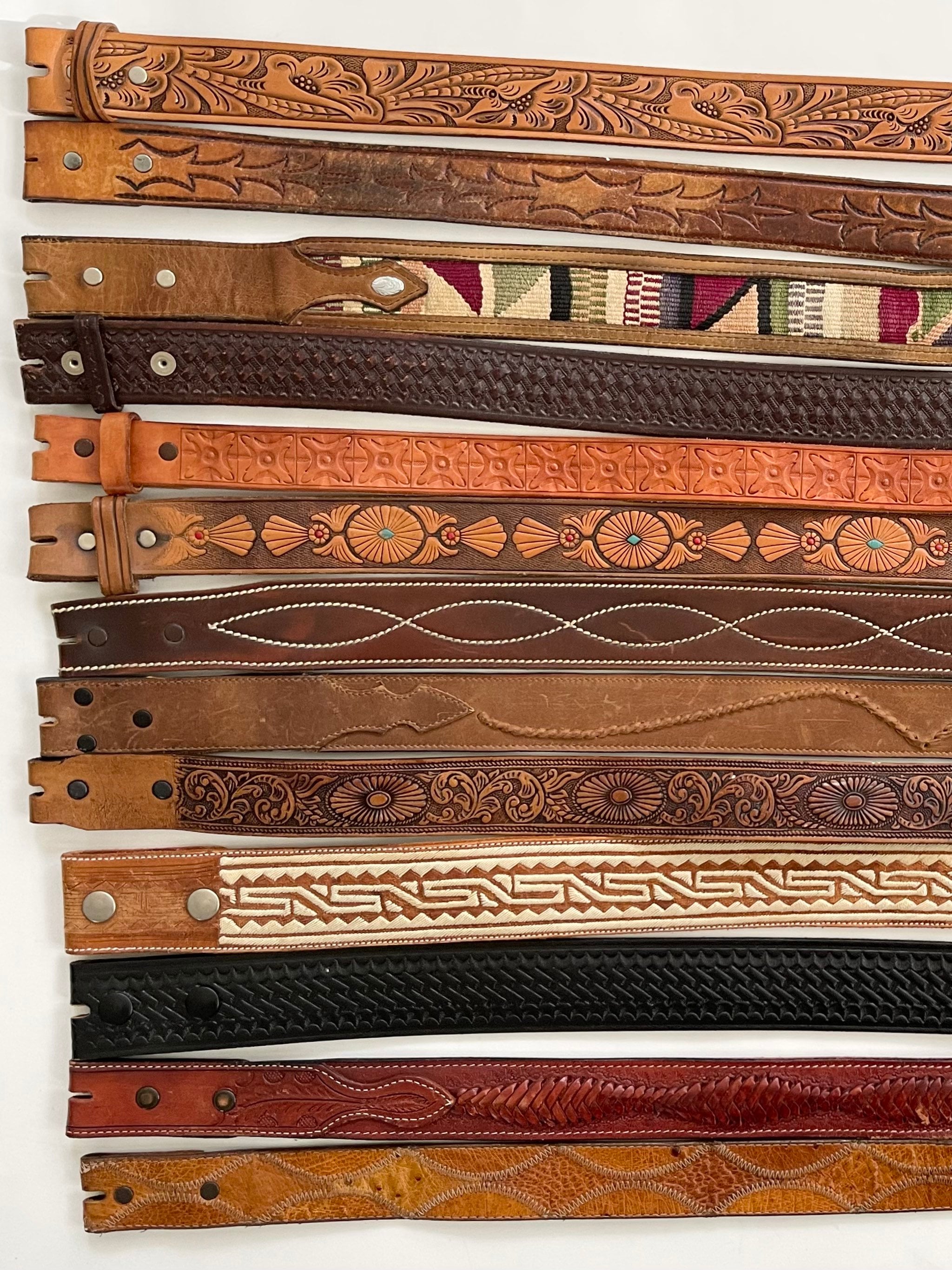Western Leather Belt Strap Tooled Leather Stitched Details Vintage Snap ...