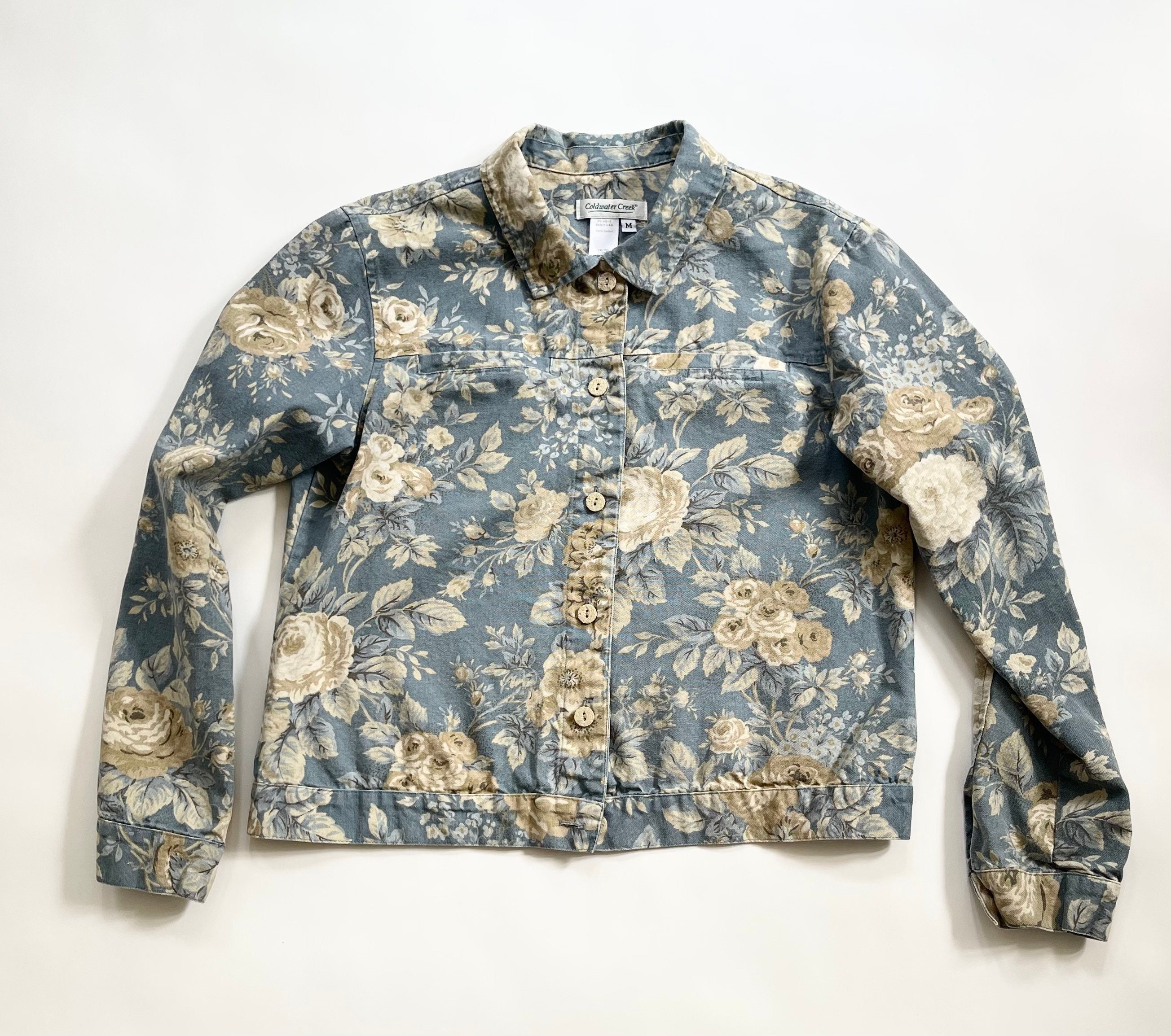 Floral Denim Jacket Coat 90S Y2k Vintage Made In Usa Coldwater Creek Blue  White Rose Flower Print Grunge Cottage Core Size Xs S