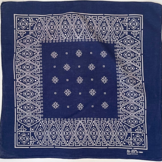 60's Indigo Blue Bandana Vintage Fast Color Soft All Cotton Geometric Floral Paisley Print Navy Blue White Made in USA