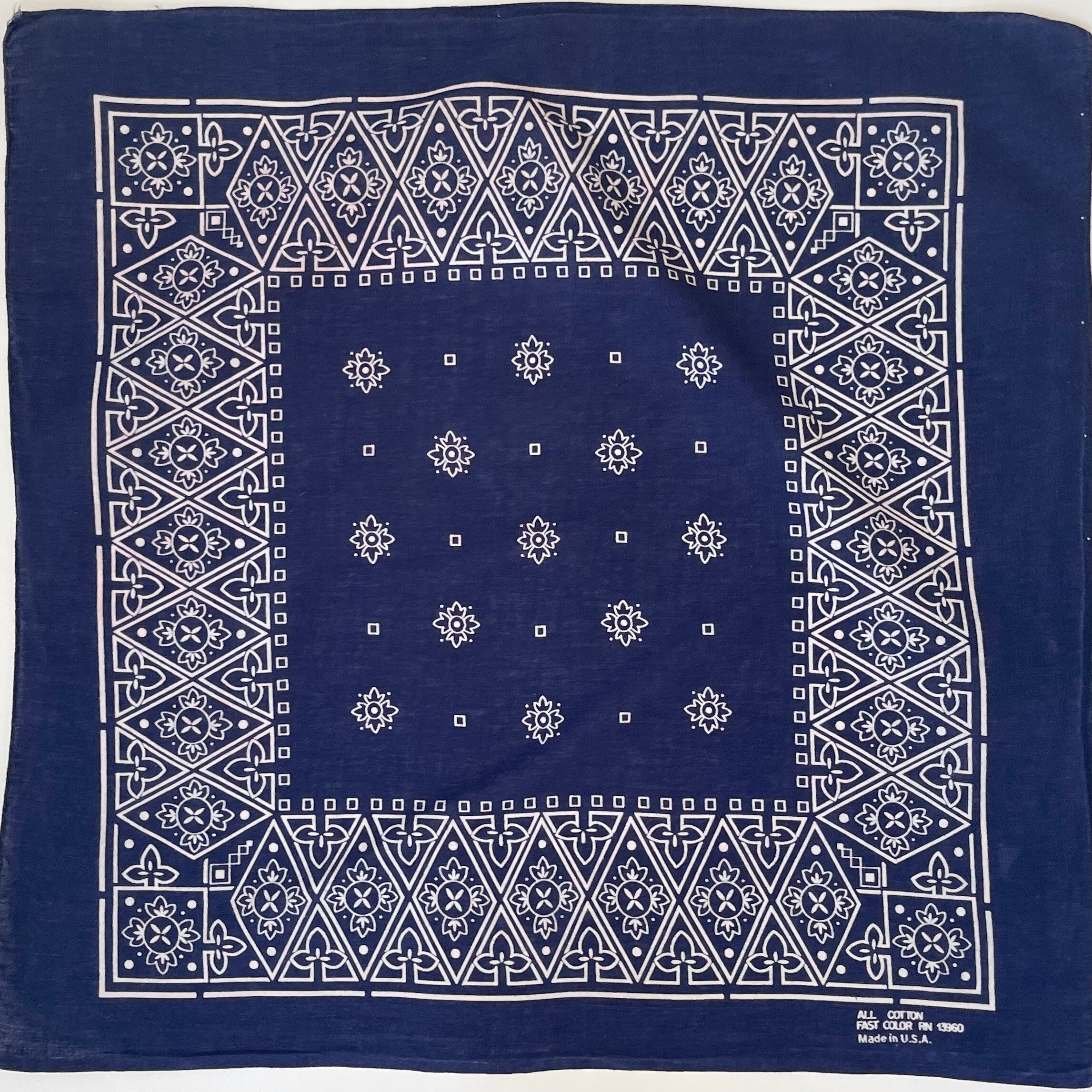 60's Indigo Blue Bandana Vintage Fast Color Soft All Cotton Geometric ...