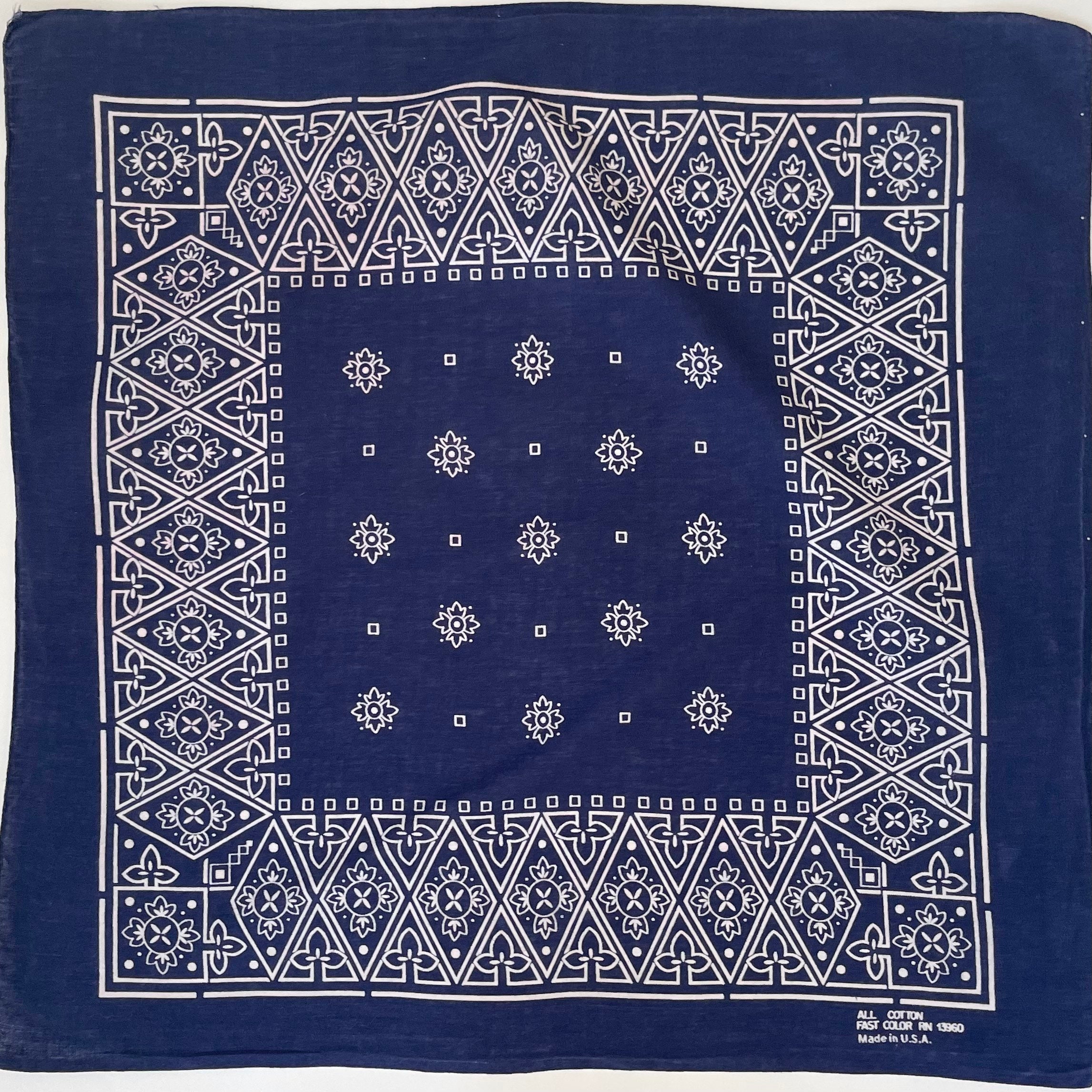 60's Indigo Blue Bandana Vintage Fast Color Soft All Cotton Geometric ...