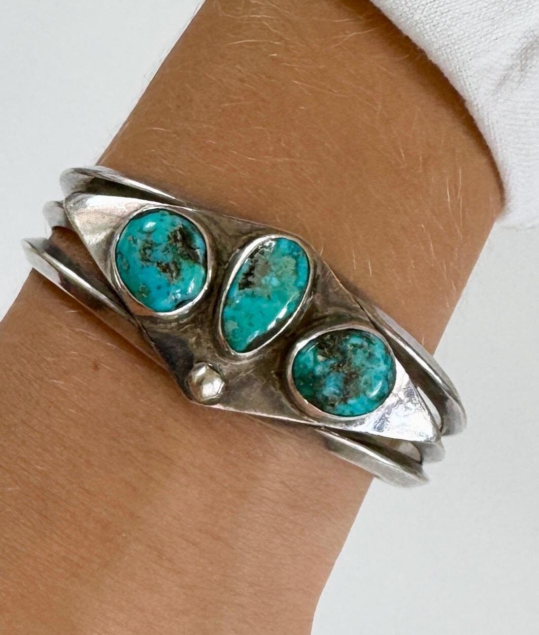 Heavy Vintage Turquoise Cuff Bracelet 60s 70s Native American Navajo Wide Solid Sterling Silver