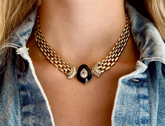 80s Gold Choker Necklace Vintage Trifari Slinky Gold Chain Link Black Enamel Clear Diamanté Crystal Accents Designer Costume Jewelry