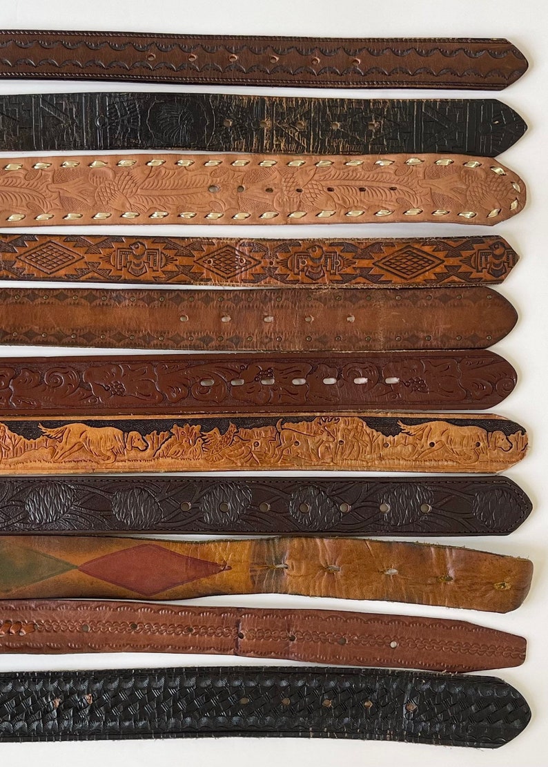 Vintage Tooled Leather Belt Distressed Worn Rugged Aged Leather Goods Brown Belt Strap Buckle Western Mens Women's Belts image 7