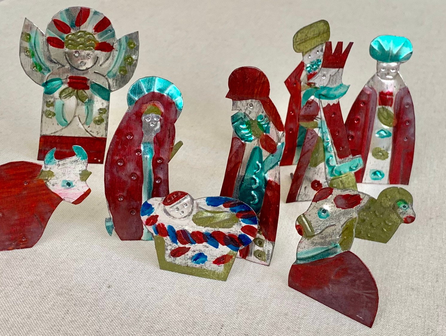 Tin Nativity Set Folk Art Vintage Handmade Hand Painted in Matching Box Whimsical Holiday Decor