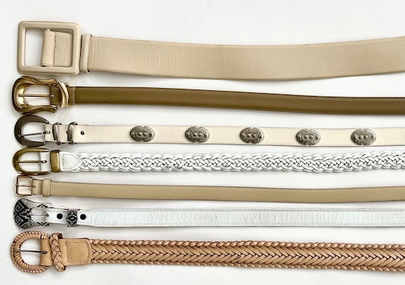 Vintage White Leather Belt Solid Plain White Ivory Bone Leather Belts Vintage Women's Belts Minimalist Simple Western Concho Braided Styles