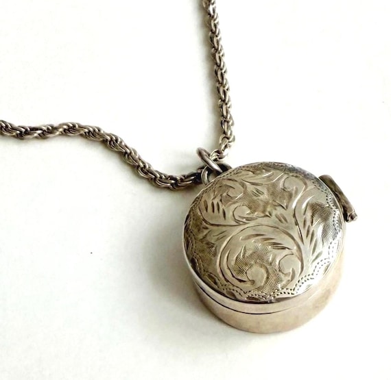 Vintage Locket Perfume Vial Pendant Necklace Vintage Heirloom Jewelry Brass Oval Locket Sterling Silver Ribbed Perfume Bottle Etched Box