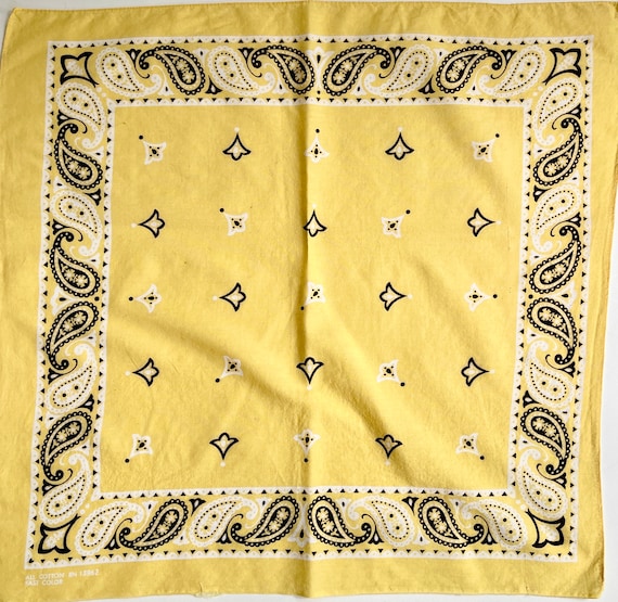 Faded Yellow Bandana Vintage 80s Color Fast Sun Drenched Lemon Yellow Black White All Cotton