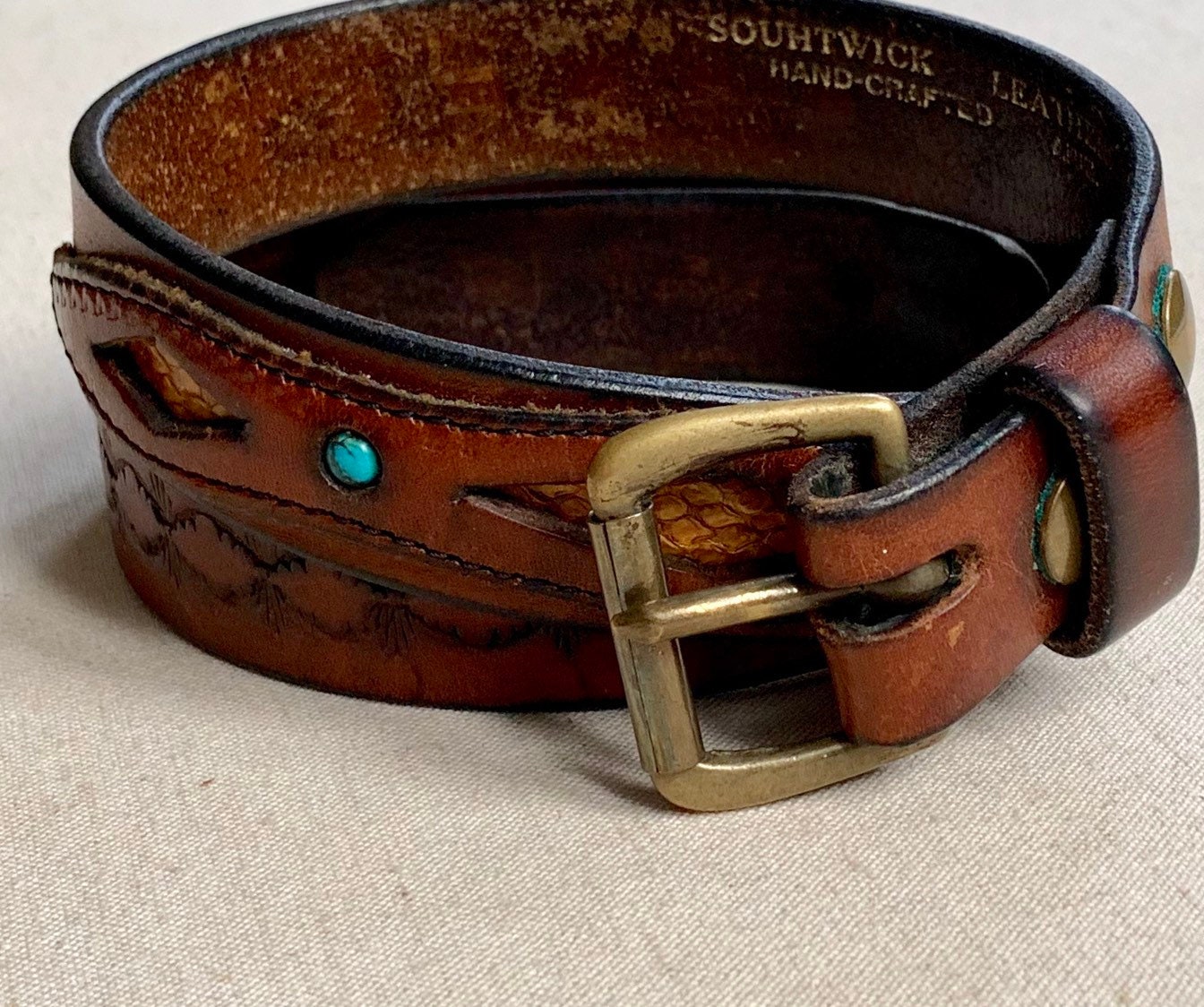 Leather Belt Inset Turquoise Stones Vintage Tooled Leather Snakeskin