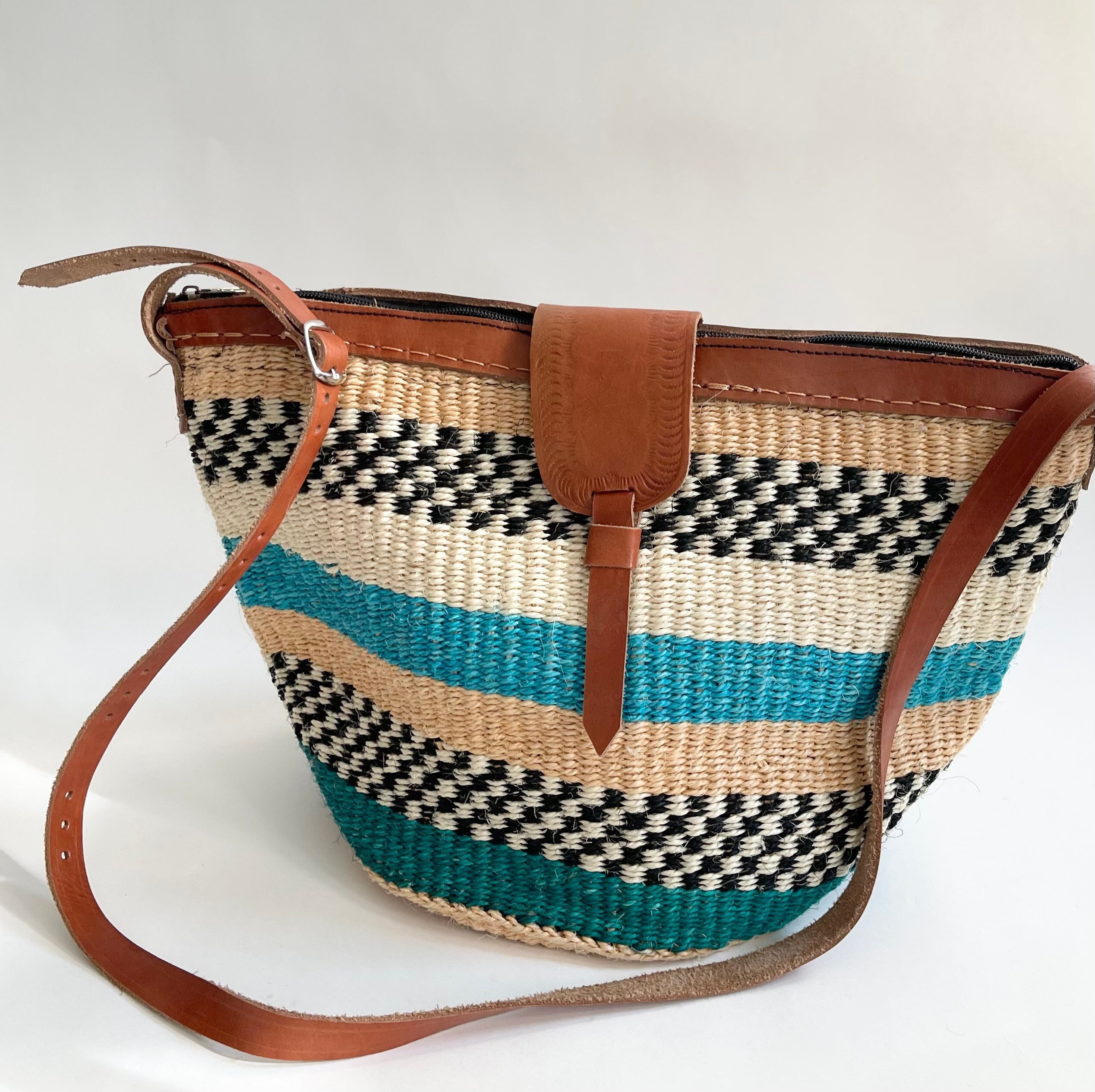 French Mini Basket Bag - Leather Trim - Sisal Natural Shades