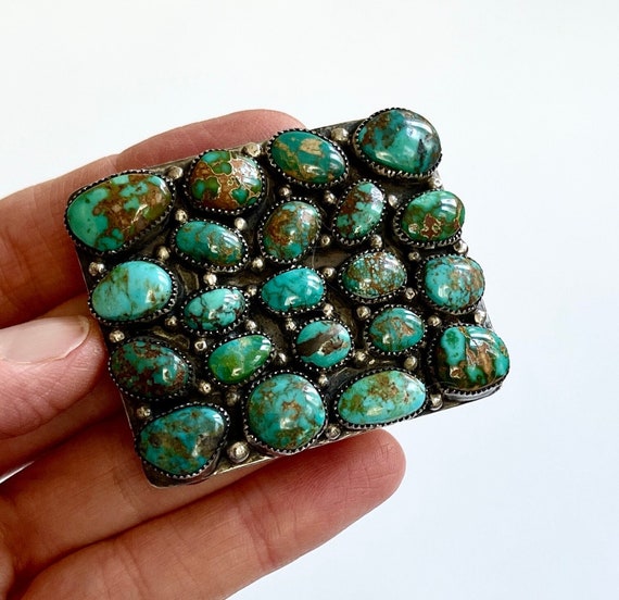 Exquisite Turquoise Cluster Buckle Native American Navajo Vintage Sterling Silver Belt Buckle Natural Old Pawn Southwest