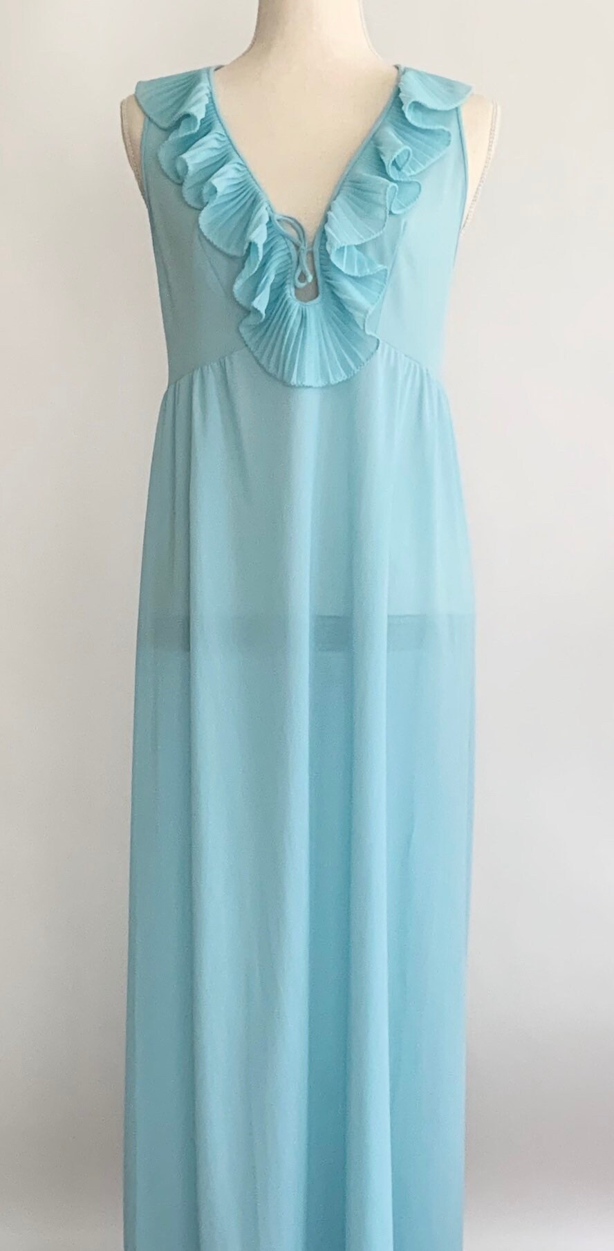 Long Blue Nightgown Nightie Low Cut Deep V Ruffle Neckline All Nylon ...