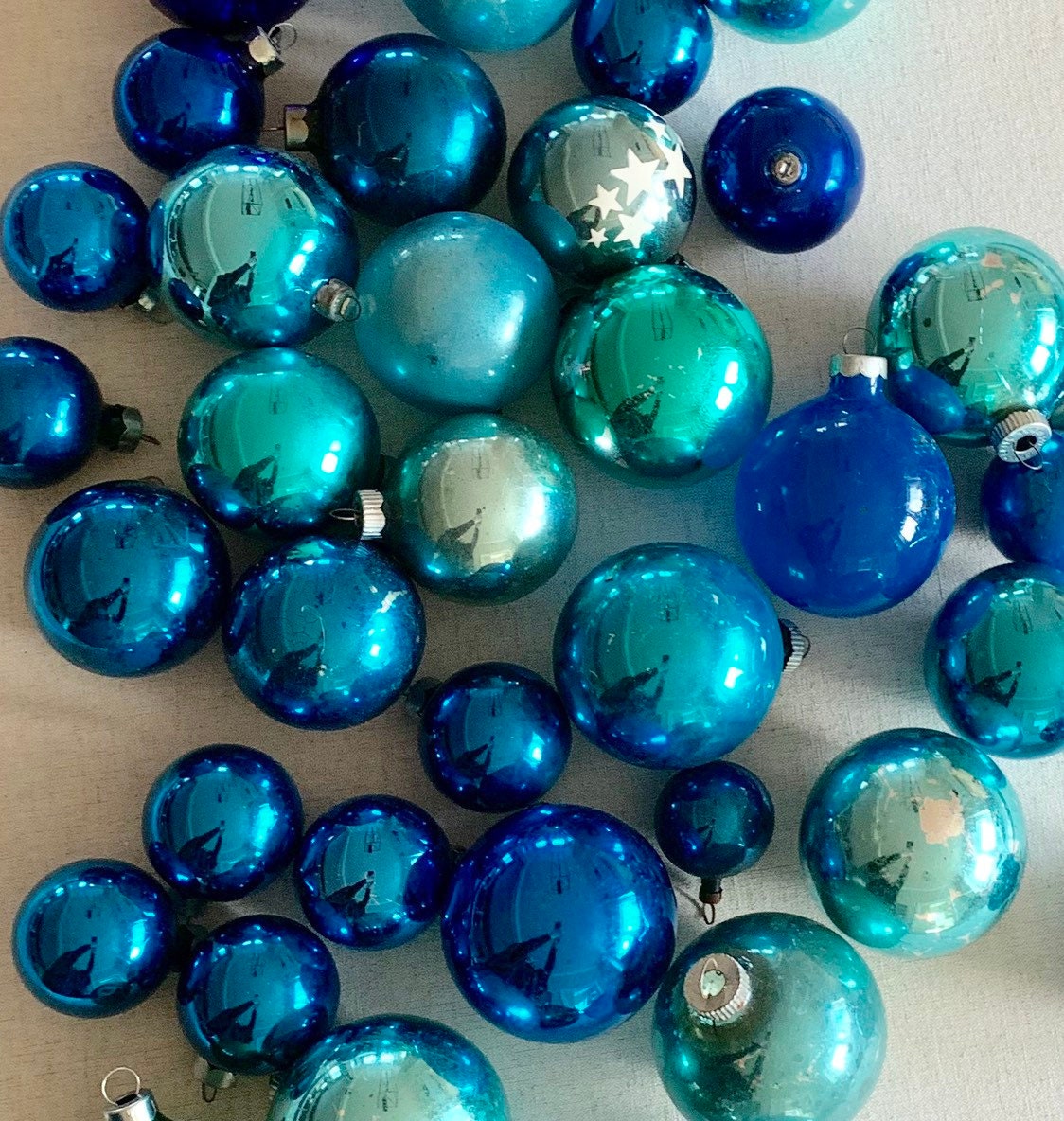 Vintage Blue Glass Bulb Ornaments Mixed Lot of 39 Blue Aqua Tones Aged