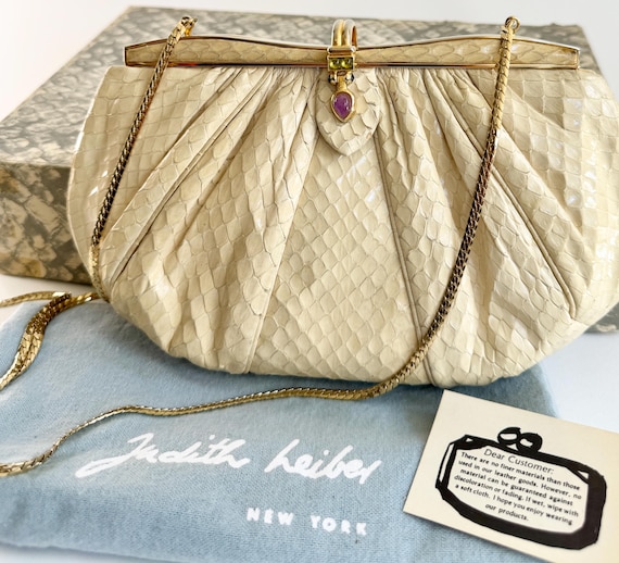 Vintage Judith Leiber Bag Original Box Dust Bag Off White Snakeskin Purse Clutch Convertible Purple Green Jeweled Clasp Gold Chain Strap