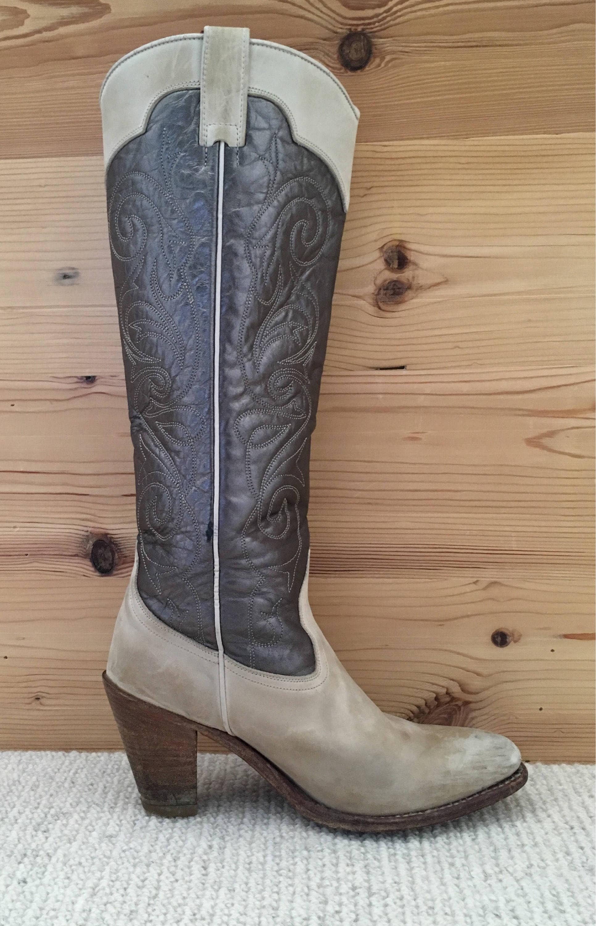 Vintage Frye Cowboy Boots Knee High Cowgirl Beige Brown Silver Ladies