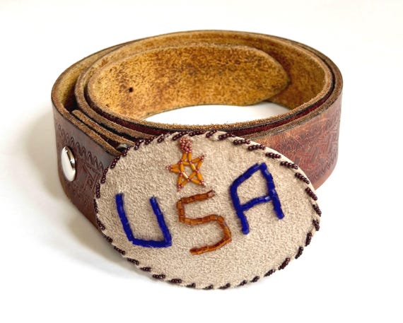 Signed Vintage Western USA Beaded Buckle Tooled Brown Leather Belt Strap