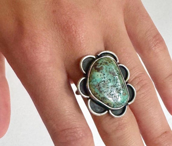 Large Navajo Turquoise Ring Vintage 50's Signed Native American Handmade Sterling Silver Flower Floral Western Southwest Ring Size 7.25