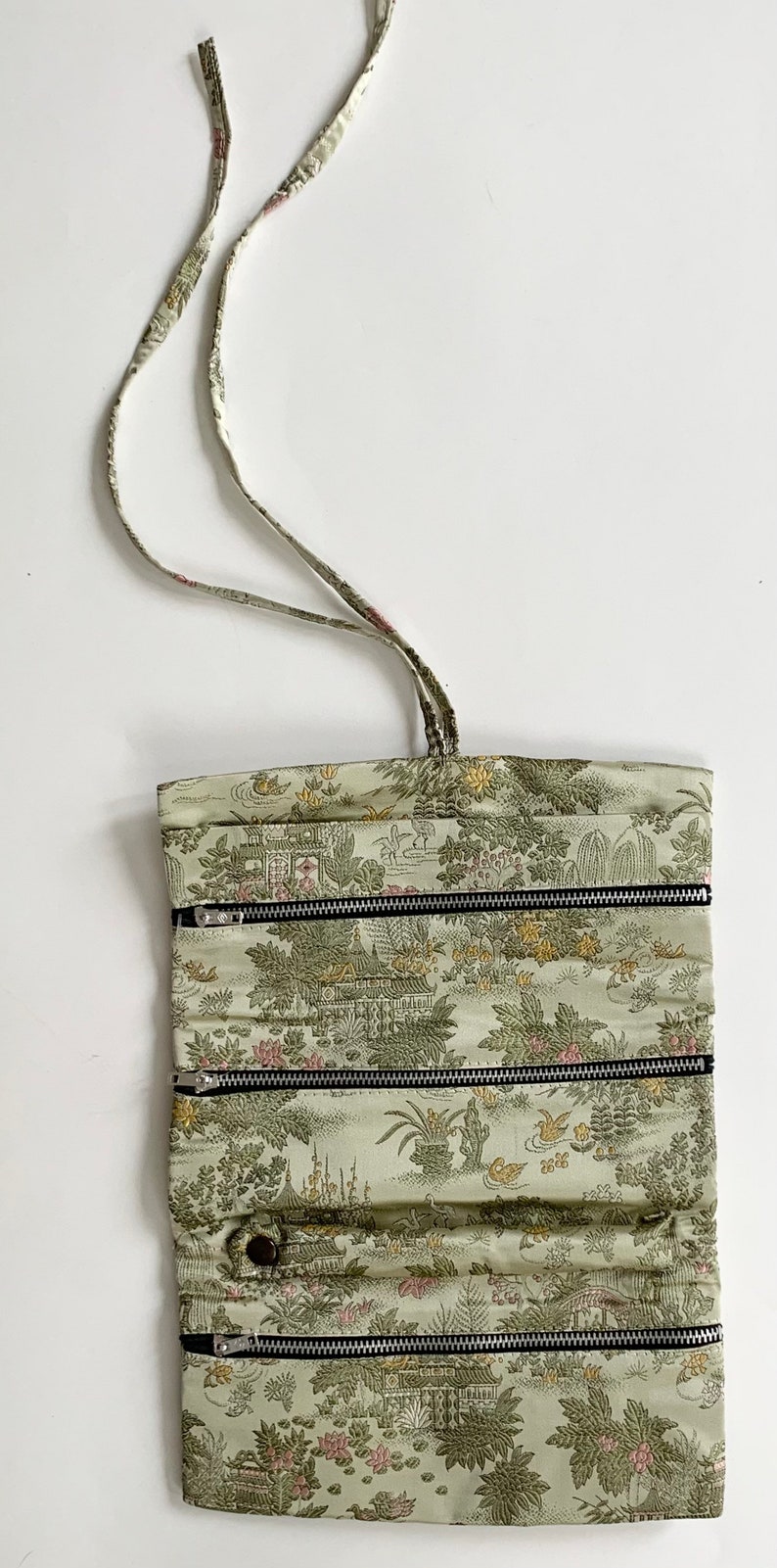 Handmade Silk Jewelry Roll Pouch Bag for Travel Pale Green Chinese Floral Fauna Motif Vintage Taching Hand Made in China