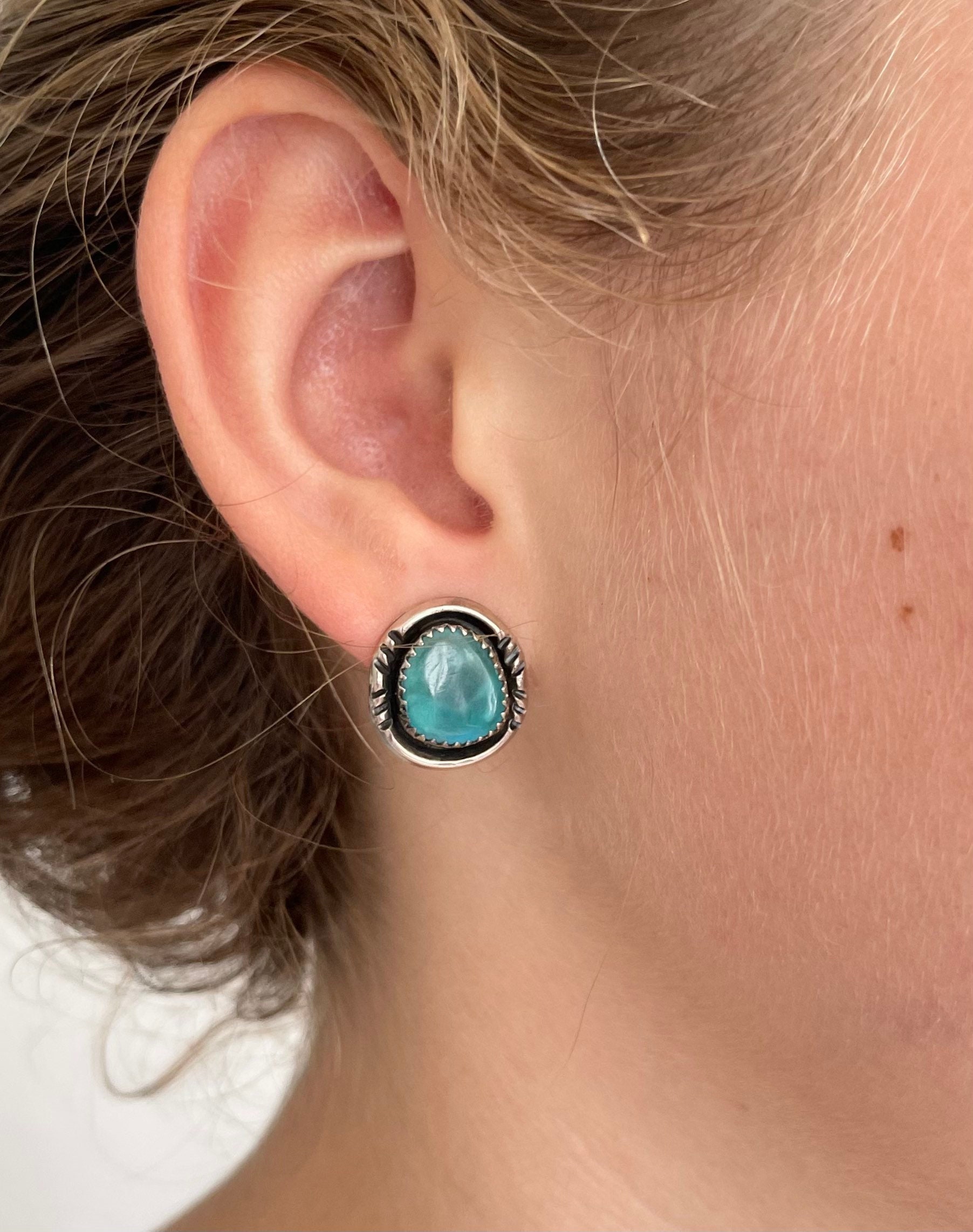 Navajo Turquoise Stud Earrings Sterling Silver Vintage Native American