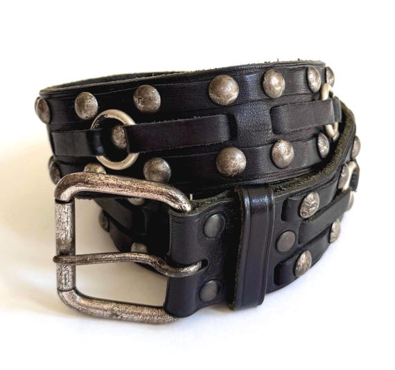 Vintage Ralph Lauren Studded Belt Worn Black Leather Strap Silver Studs