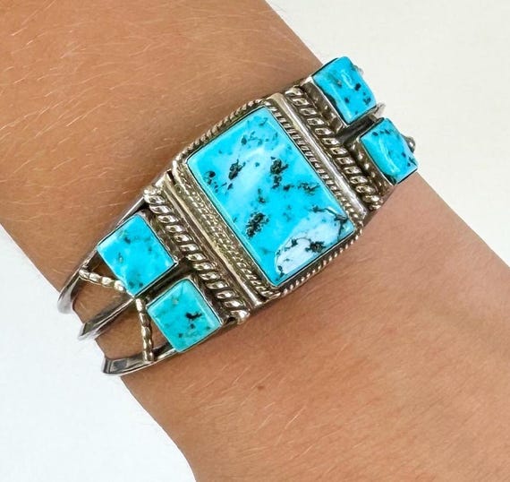 Harrison Jim Turquoise Cuff Bracelet Vintage Native American Navajo Handcrafted Sterling Silver Multi Stone Five Stone Kingman Turquoise