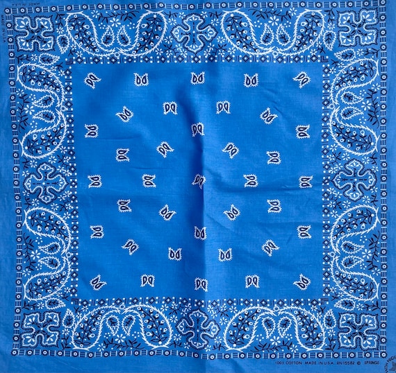 80s Cerulean Blue Bandana Made in USA Vintage Fast Blue Black White Floral Flower Paisley Print All Cotton