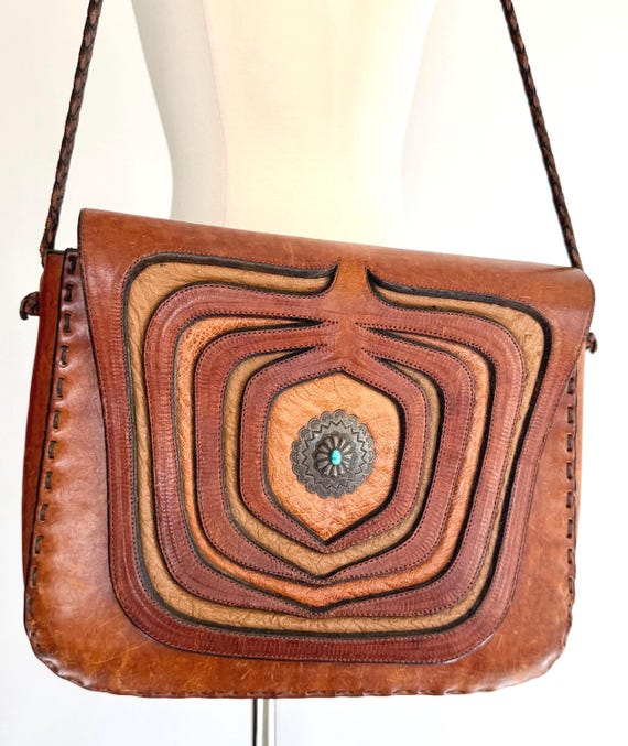 70s Wyly's Western Bag Vintage Wyly's Leather Shop Tuscon AZ Vintage Handmade Decorative Inlay Navajo Turquoise Concho