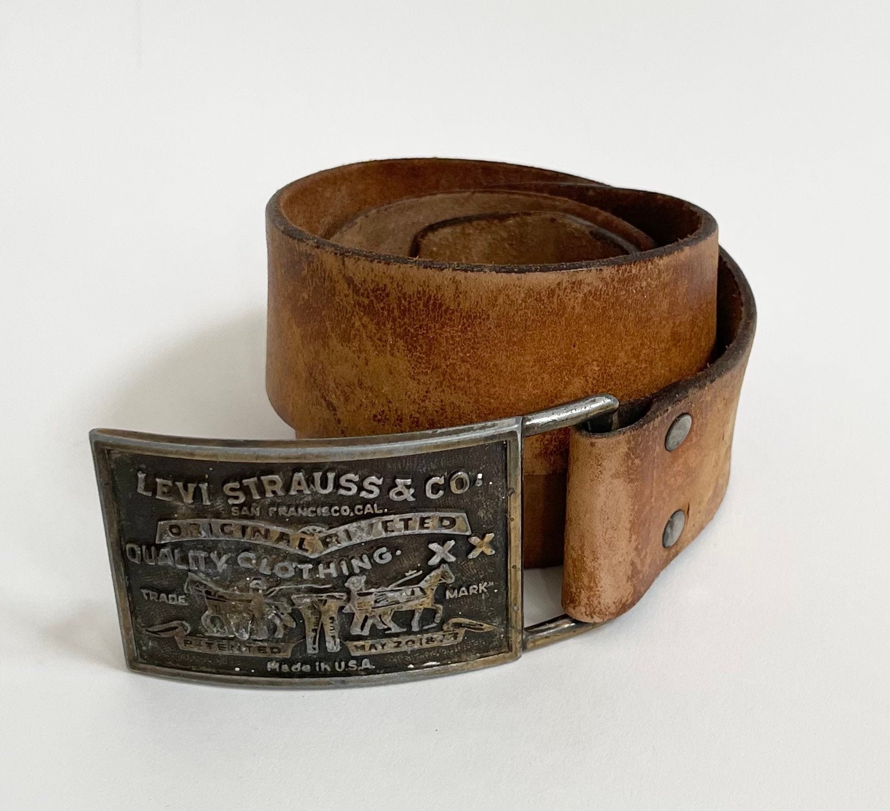Levi's Belt Buckle Hand Stained Cowhide Leather Strap Vintage Levi Strauss  & Co Made in USA Very Distressed Brown Leather Size 36