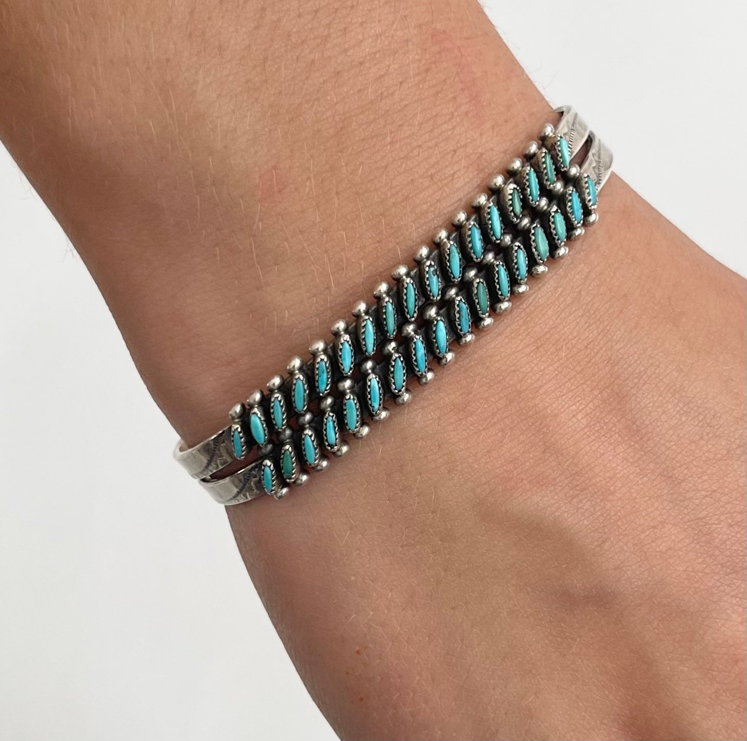 Needlepoint Turquoise Cuff Bracelet Signed AA Vintage Old Pawn Zuni