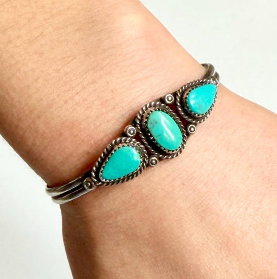 Vintage Navajo Turquoise Cuff Bracelet 60s 70s Native American Handcrafted Sterling Silver