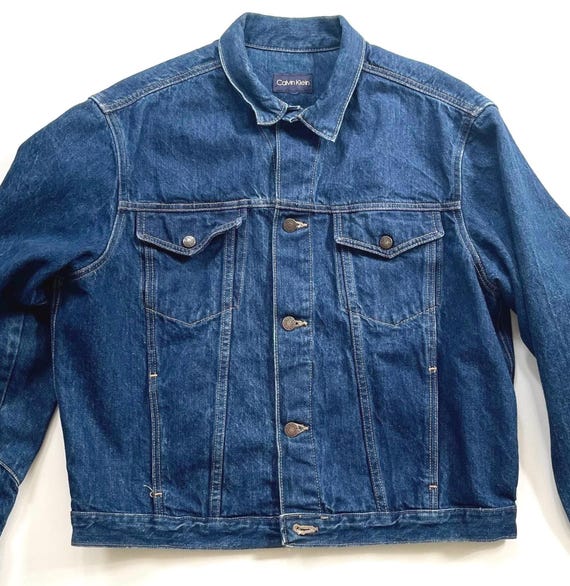 80s Calvin Klein Jacket Denim Trucker Style Vintage Calvin Klein Made in USA Dark Wash Dark Blue Denim Logo Embossed Buttons