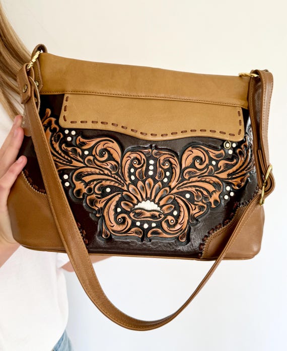 Tony Lama Tooled Leather Bag Purse Vintage 80s Miss Tony Lama Genuine Leather Two Tone Floral Tooling Boho Western Fully Lined