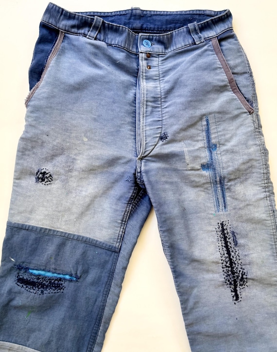 1940's French Jacquard Pants Work Chore Mechanic Trousers Very Old Worn Distressed Patched Faded Repaired Vintage Blue Cotton
