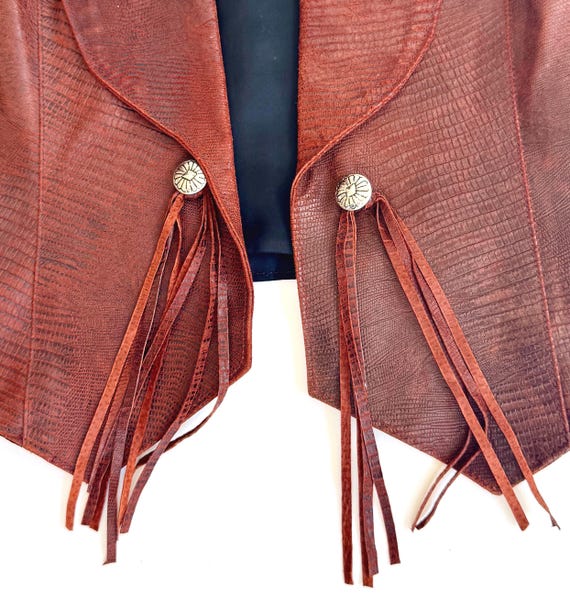 Vintage Western Leather Vest Silver Concho and Fringe Detail Rust Brown Reptile Embossed Pig Leather Made in USA