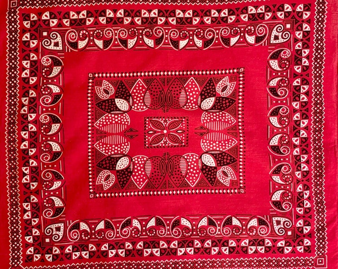 Red Fast Color Bandana Vintage 60s 70's All Cotton Lightweight Weave Red White Black Floral Print