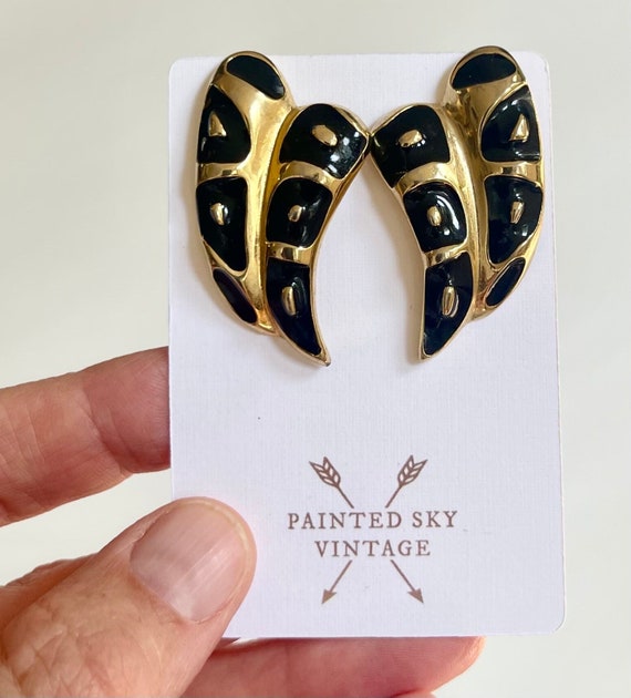 80s French Gold Earrings Black Enamel Leaf Feather Design Vintage Gold Costume Jewelry Sourced in Paris France Gold Tone Metal