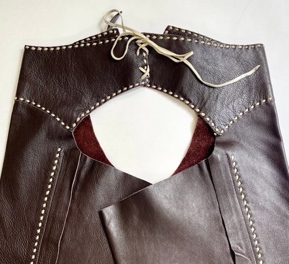 Old Leather Cowboy Chaps Soft Espresso Brown Leather Rugged Vintage Rodeo Western Cowboy Adjustable Belt Buckle Closure