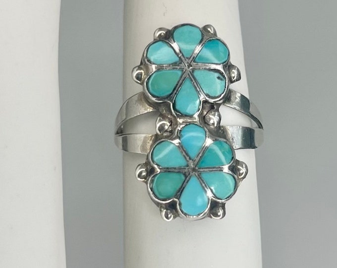 Dishta Turquoise Ring Double Flower Vintage Native American Zuni Sterling Silver Delicate Flush Turquoise Inlay Floral Radial Cluster 7.25