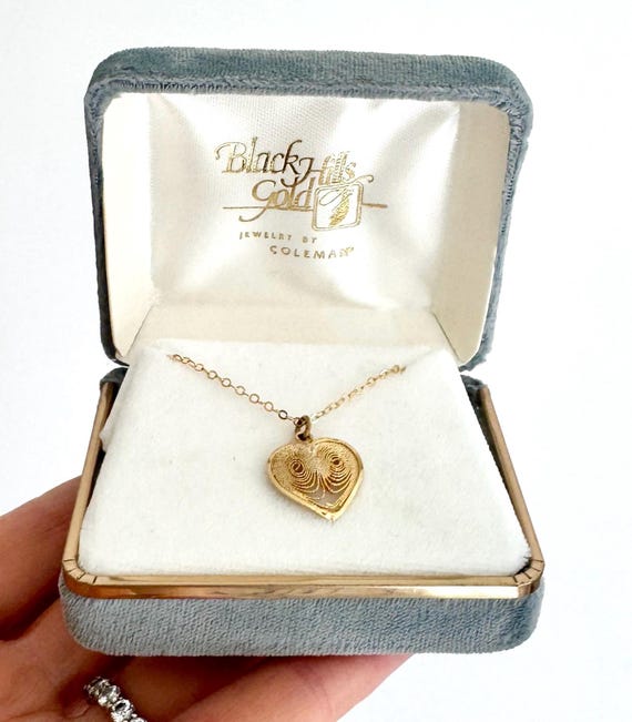 Black Hills Gold Heart Necklace 12K Gold Fill Filagree Heart Pendant in Original Jewelry Box Delicate Dainty