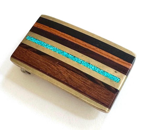 Kenneth Reid Turquoise Buckle Vintage 80s Western Albuquerque NM Mens Belt Buckles Solid Brass Wood Crushed Turquoise Inlay Maker Hallmarked