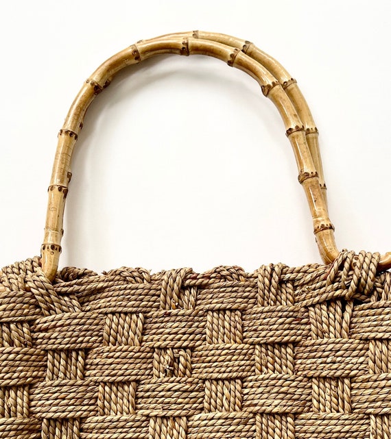 70s Sisal Bag Bamboo Handles Tote Top Handle Beige Basketweave Woven Vintage Boho Spring Summer Style