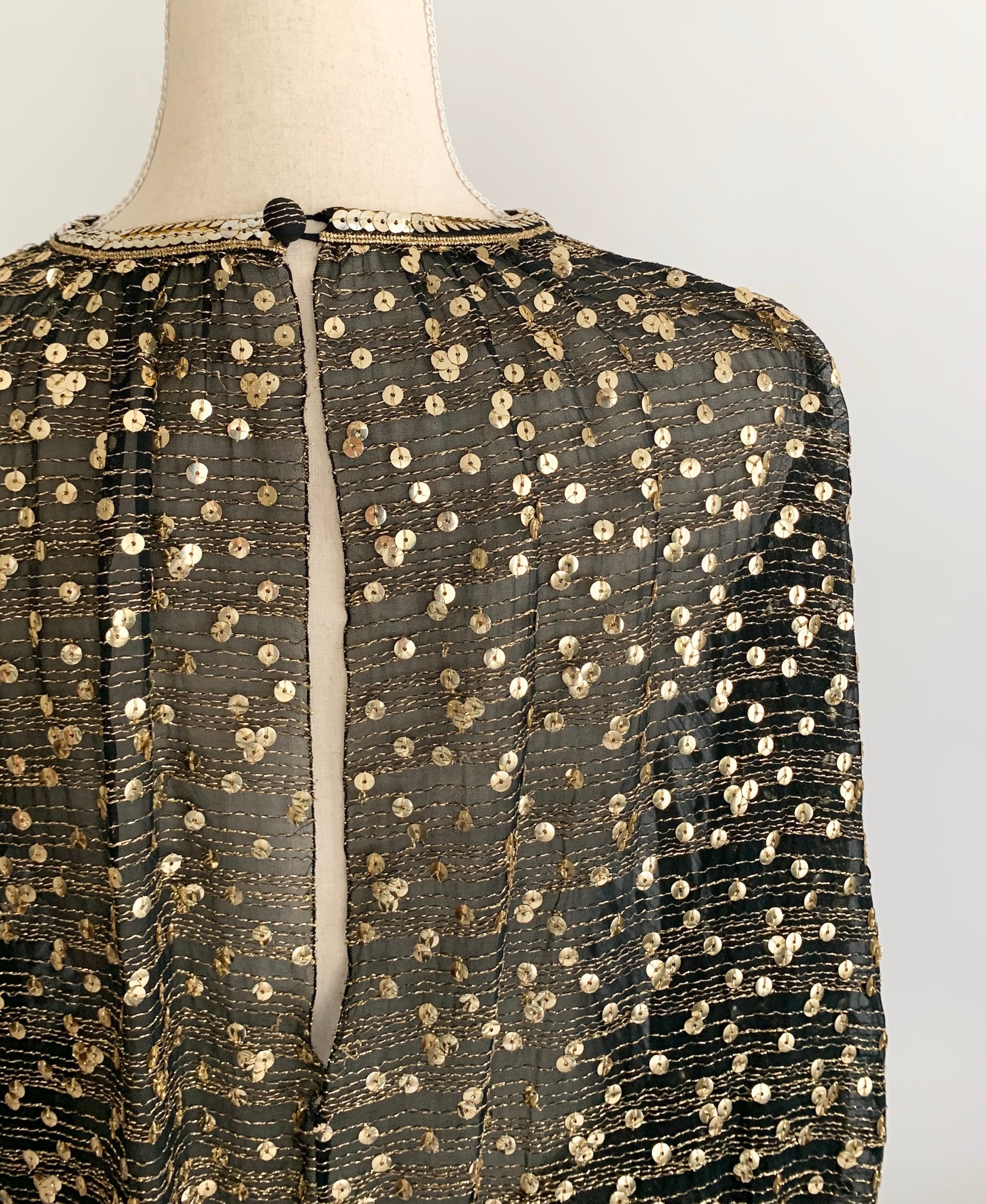 Gold Lurex Sequin Top Open Back Blouson Gathered Elastic Waist Vintage ...