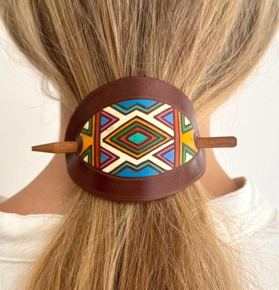 Boho Tooled Leather Barrette Hair Pick Hair Clip Comb Vintage 70s Brown Colored Leather