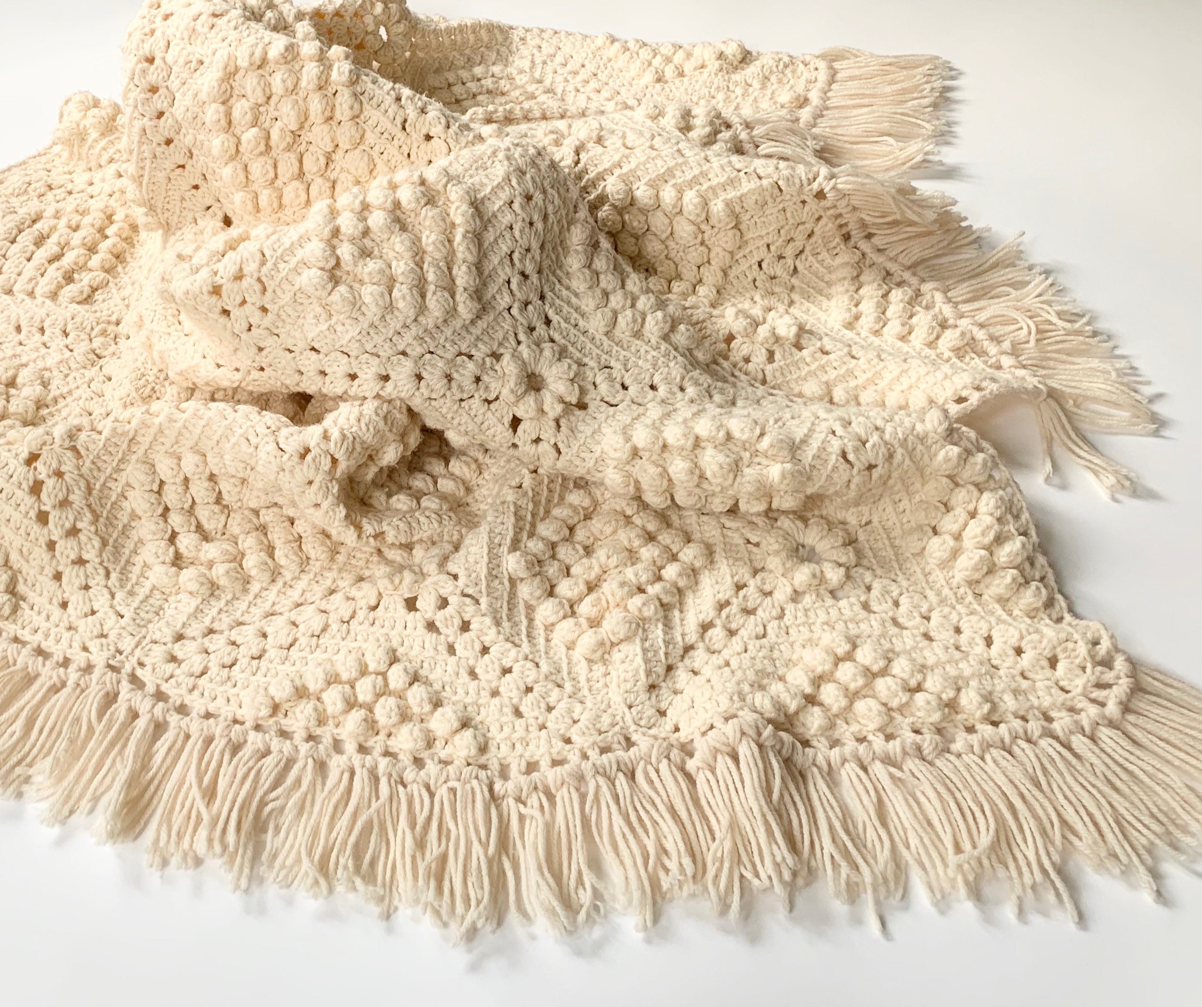 Creamy White Crochet Throw Lap Blanket Blanket Afghan Hand Knit Popcorn Knit Handmade Vintage